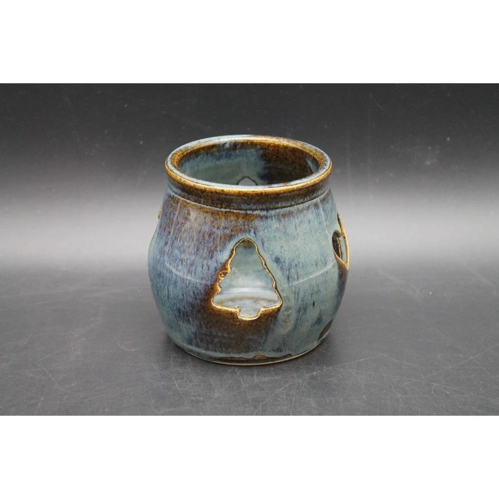 Handmade Pottery Luminary Candle Holder Blue Brown Glazed Tree Heart Cutouts